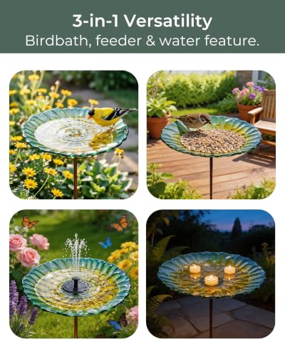 Glass Bird Bath Small Birdbath for Garden Decor, Yellow | 10.6" Bowl, 26" Height 4-Prong Stable Stake Easy to Clean Outdoor Bath or Feeder for Hummingbirds & Small Birds, Handcrafted