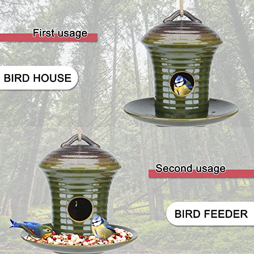 Kimdio Birdhouse Ceramic Hanging Birdhouses Bird Hut Hanging Multi-Function Outdoor Bird Feeders for Wild Birds, Finch, Cardinal, and Bluebird - Green - color: d - Green bird feeder