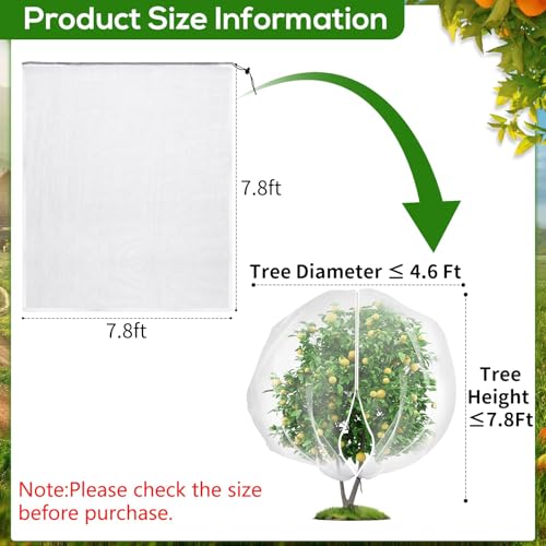 7.8 x 7.8 ft Large Fruit Tree Netting Cover with Zipper and Drawstring,Garden Insect Netting Plant Cover Transparent Bird Plant Barrier Flower Fruit Mesh Screen for Preventing Deer Squirrel Bugs | Ultra-Fine Mesh Plant Cover for Fruit Trees, Flowers and V