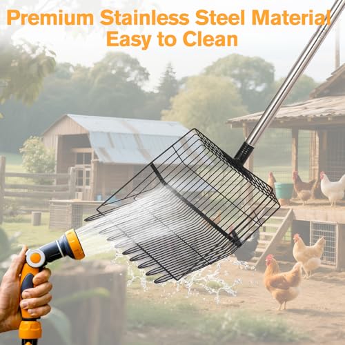 Reptilux Chicken Poop Scooper Adjustable Long Handle - Stainless Steel Sifter Shovel for Sand & Hemp Bedding - Metal Coop Scoop Rake - Chicken Accessories for Poultry, Dog & Cat Litter
