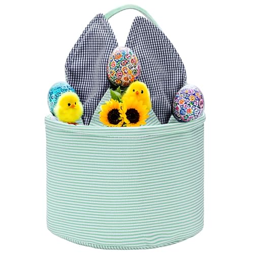 Easter Basket Seersucker Egg Hunt Bunny Baskets for Kids with Cute Rabbit Ears Stripe Storage Gifts Candies Personalized Easter Party Gifts.……… - color: Bsmint0