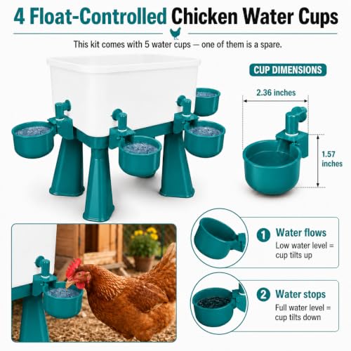 3 Gallon Chicken Waterer with 10 Chicken Water Cups, No Spill Poultry Waterer Bucket with Stand Legs, Hooks and Screws, Chicken Water Feeder for Coop, Ducks, Hens, Farm (Blue, Auto-1pcs) - color: Blue, size: Auto-1pcs