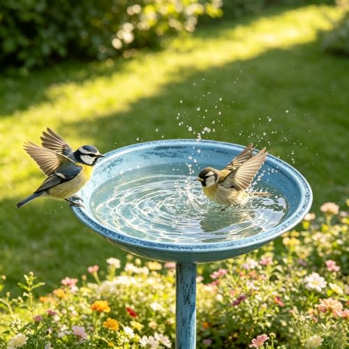 WANGIRO 12" Freestanding Metal Bird Bath & Feeder Magnetic Dragonfly Blue | Rust-Proof Metal, Sturdy Base with 3 Ground Stakes, 2-in-1 Bath & Feeder, Easy Clean, Gift for Garden Patio Lawn Backyard