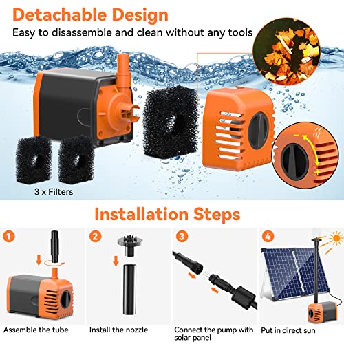 Solar Fountain Pump 35 Watt, 480GPH Solar Water Pond Pump with PVC Tubing 4 Spray Heads 16.5ft Cable Length for Garden Pond Fountain Waterfall Hydroponics Pool - size: 35W