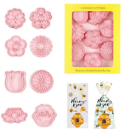 8Pcs Flower Cookie Cutters Stamps Biscuit Baking Tools Embossing Cookie Molds(With 30 Flowers Bags) - color: Floral