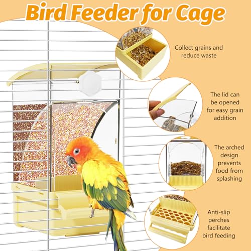 BNOSDM No Mess Bird Feeder Transparent Automatic Bird Cage Feeder with Perch Acrylic Parrot Food Container Parakeet Cage Accessories for Parakeets, Budgies, Cockatiel, Finch, Canary, Lovebird (Yellow) - color: Yellow