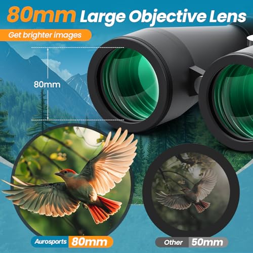 Aurosports 20x80 High Powered Binoculars, 80mm Large Aperture for Adults | Clear low light vision, Long range, 80mm objective lens - size: 20x80