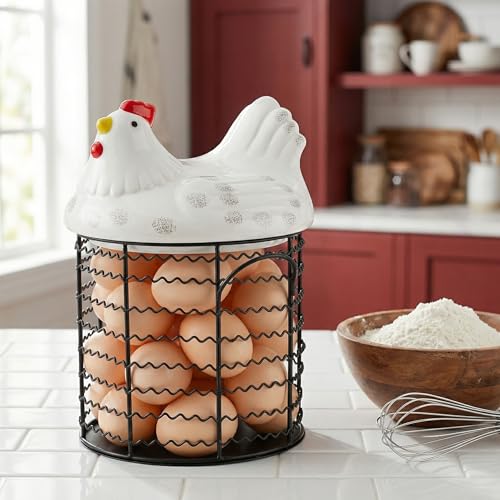 Hiceeden Metal Wire Chicken Egg Storage Basket, Decorative Fresh Egg Holder with Ceramic Chicken Design Lid, Portable Round Collectiong Basket for Kitchen Supplies, Pantry