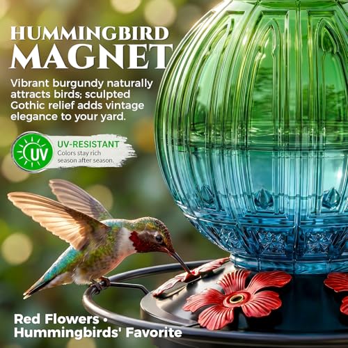 Glass Hummingbird Feeder for Outdoors Hanging, Bird Nectar Feeder with Perch & 5 Flower Feeding Ports, 26 Oz Leak Proof for Outside Garden Decor Backyard, Gifts for Women Mom, Green & Blue - color: Green-Blue Gradient