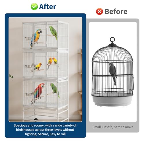 TrailBlaze Heavy Duty Large Bird Cage - 74 Inch Stackable Aviary with 3 Dividable Compartments, Removable Trays, Spacious Flight Enclosure for Parakeets, Cockatiels, Conures, Finches, Easy Clean - color: White