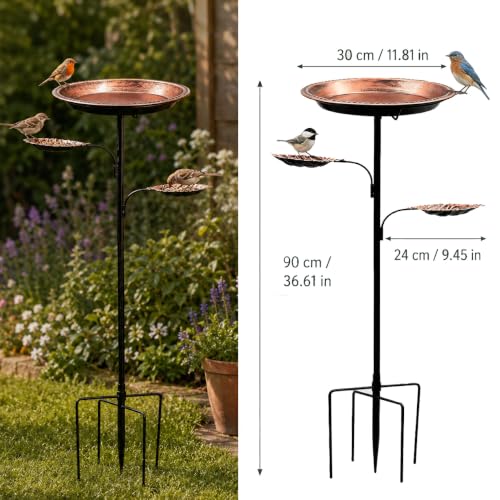 Outdoor Standing Bird Bath with 2 Feeder Bowls, 12 Inch Deep Basin for Wild Birds, Weatherproof Metal Birdbath with Upgraded 5-Prong Stake Base