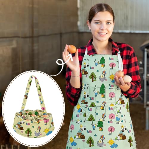 2 Pcs Egg Collecting Apron Chicken Gathering Basket with 7 Pouches Fresh Egg Holding Apron with 11 Pockets - color: White Cartoon