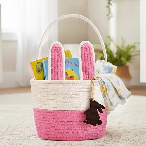 Pro Goleem Easter Basket for Kids, Adorable Woven Egg Hunt Bucket with Handle, Soft First Easter Gift Tote Bag, Nursery Toy Storage Bin with Tag(Pink) - color: white&pink