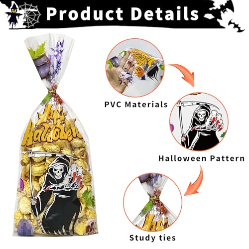 QOIUSO Halloween Cellophane Treat Bags: 54Pcs Clear Halloween Trick or Treat Goodie Bags with 60Pcs Twist for Candy Cookies Gifts Packaing, Kids Party Favor Bags (10.8 * 5.1in) - color: Halloween-54pcs