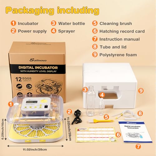 Sailnovo 12 Egg Incubators for Hatching Egg with Auto Humidification | Temperature Control, Automatic Egg Turning,Egg Candler,Incubator for Chicken Duck Quail Eggs,Ideal for Farm, School - color: Grey-White-Yellow, size: Hatch 12