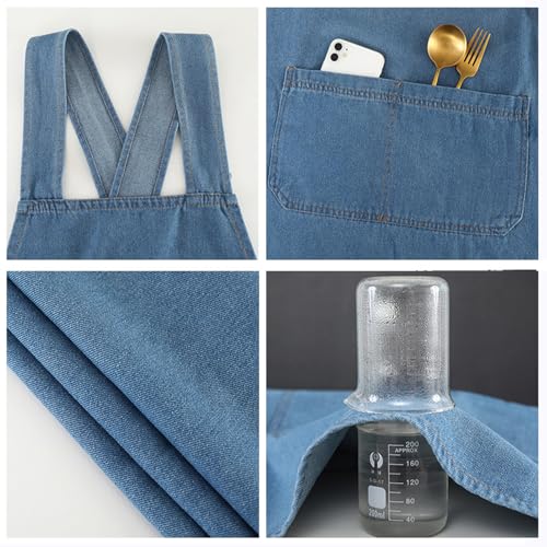 Adult Jour Denim Apron with Front Pockets | Cross Back Aprons Lightweight, Durable & Stain-Resistant for Kitchen Cooking, Gardening, Gift for Women, Man