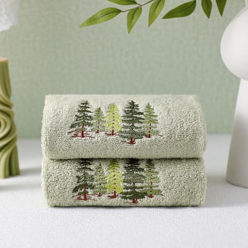 SmoothNovelty 2 Pcs Forest Hand Towels Gray Green Bathroom Decor 14x29 Inch | Embroidered Bathroom Hand Towels, 100% Cotton, Soft Absorbent, Green Tree Bathroom Kitchen Decor - style: Forest