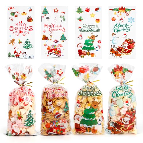 Yicelerate 200PCS Christmas Cellophane Bags - Clear Plastic Candy Cookie Treat Bags With Ties for Xmas Holiday Party Favors Supplies - Bulk Bakery Goodie Gift Bag - color: Christmas, size: 1 Count (Pack of 200)