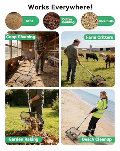 12" Chicken Poop Scooper, Stainless Steel Handle (36–62") | Light weight chicken coop scoop, Litter Scooper & Sand Sifting Shovel for chicken sand, Pet Waste Cleaning，Stables, Gardens
