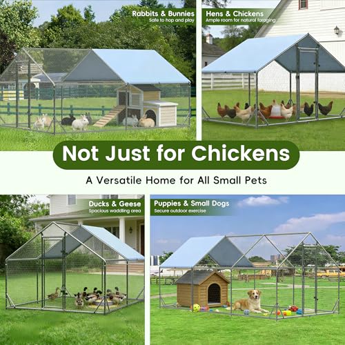 EUNHOO Large Walk-in Chicken Run with Full Roof Cover, 13'L x 9.8'W x 6.5'H Metal Chicken Coop, Waterproof UV-Resistant Canopy, Outdoor Poultry Enclosure for Backyard, Chickens, Ducks and Rabbits