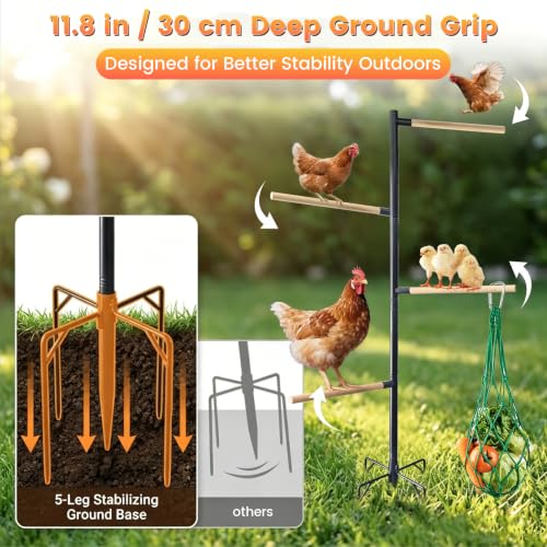 Chicken Perch Stand for Coop, 55 in Heavy Duty Poultry Roosting Stand with 5-Leg Ground Stake Base, 4 Wooden Perches, Outdoor Chicken Roost Stand for Hens & Chicks