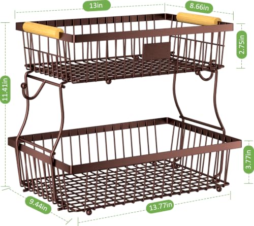 2 Tier Fruit Basket for Kitchen Counter with 2 Banana Hangers, Countertop Metal Bread Basket with Wooden Handle, Large Storage Stand for Vegetables, Snacks, Eggs, Produce Storage – Brown - color: Brown, size: 2 Tier