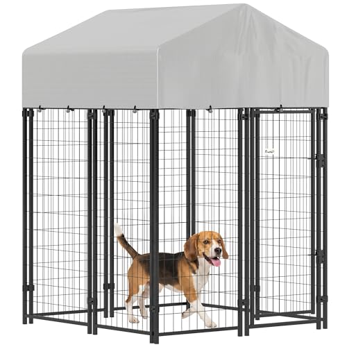 PawHut Outdoor Dog Kennel with Roof, 4' x 4' x 6' Heavy Duty Welded Wire Dog Playpen Enclosure with Escape-Proof Lock, UV-Resistant & Waterproof Cover, for Medium Dogs, Chickens, Ducks, Silver | Heavy Duty Welded Wire Dog Playpen Enclosure, Escape-proof L