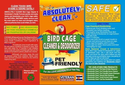 Absolutely Clean Amazing Bird Cage Cleaner and Deodorizer - Just Spray/Wipe - Safely & Easily Removes Bird Messes Quickly and Easily - Made in The US - Fragrance Free - (16oz Pack of 6) - style: 16 Fl Oz (Pack of 6)
