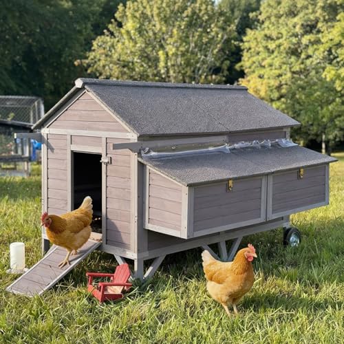 Mobile Chicken Coop with Wheels, Large 16.4ft² Chicken House for 6-8 Chickens, Weatherproof Chicken Tractor, with Nesting Boxes & Foldable Ramp, Easy Clean with Pull-Out Metal Trays - color: Grey, size: 68.1"L x 41.3"W x 49.0"H