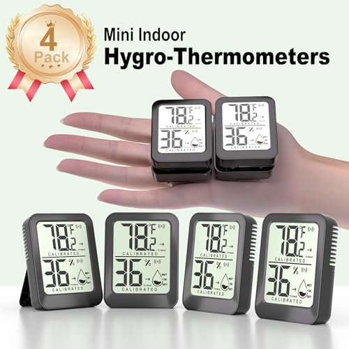 AyayaBoss 4 Pack Room Thermometer Indoor Hygrometer | Mini Size, Monitor Temperature & Humidity, Accurate Fast Read, Easy To View, Kickstand/Hanging/Wall Adhesive, ℉/℃, w/ Battery