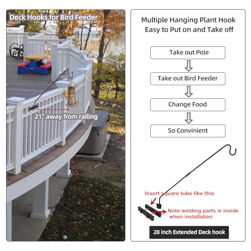 Deck Hook Railing Mount,Heavy Duty Metal Plant Hanger 360°Rotating | Shepherd Bracket For Bird Feeder, Flower Baskets, Lanterns | Extended Arm, Rust-Resistant For Deck, Patio & Garden Use - size: Railing Mount