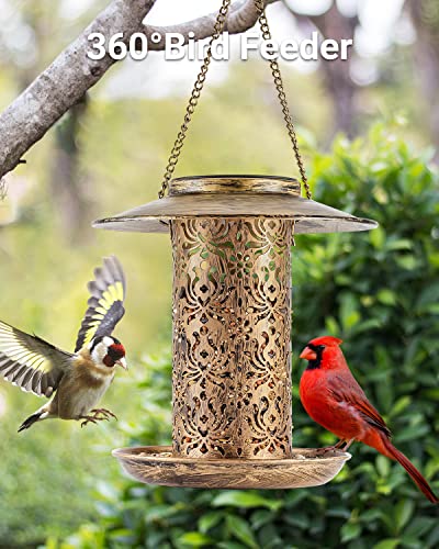 SWEETFULL Solar Bird Feeder for Outdoors Hanging, Metal Wild Bird Feeder for Cardinals Solar Garden Lantern with S Hook as Gift Ideas for Bird Lovers (2LBs Heavy Duty Weather Resistance birdfeeders) - size: 8"x8"