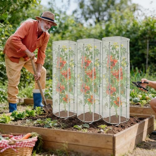 3 Pcs Garden Bird Netting Cover for Round Tomato Cage, 59" x 14.6" - Fits 13" D x 63" H Cage, Tomato Trellis Plant Net Cover with Zipper & Drawstring, Insect Barrier for Protecting Vegetables Fruits