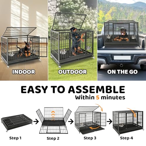 Homey Pet Two Tiers 47 Inch Large Heavy Duty Dog Crate, 6 Pack | Stackable Indestructible Kennel with Dual Trays & Grids, Wheels, Bowls, Escape Proof Locks, Double Doors for Large Dogs - size: 48"L - 2 Tiers - 6 Pack