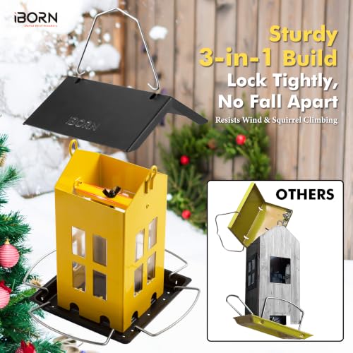 iBorn Bird Feeder House, Metal Bird Feeders for Outdoors Hanging,Double-Sided Metal Hanger & Weatherproof, Easy to Clean & Refill, 2.2 Lbs Capacity, Yellow - color: Yellow