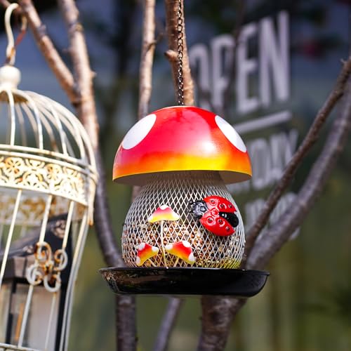 Mushroom & Ladybug Metal Bird Feeder - 16" Hanging Wild Bird Feeder with Decorative Accents, Large Capacity Outdoor Birdfeeder for Cardinals and Songbirds, Perfect Garden Gift