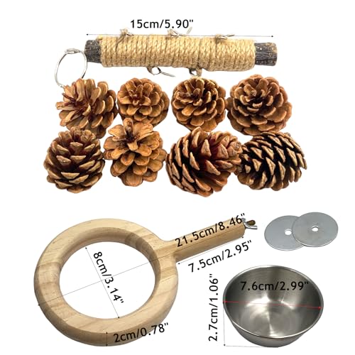 7.87Inch Natural Wooden Hangable Parrot Toy with 8Pcs Pine Cones and 8.46 Inch Wood Treat Holder with Stainless Steel Bowl for Cockatiel Budgie Small Birds
