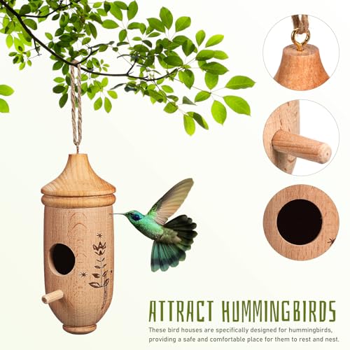 NUOBESTY Hummingbird House, 3 Pack Natural Beech Wood Bird House for Outside Hanging, Small Bird Nest Shelter for Finch Chickadee, Home, Outdoors, Garden Decor