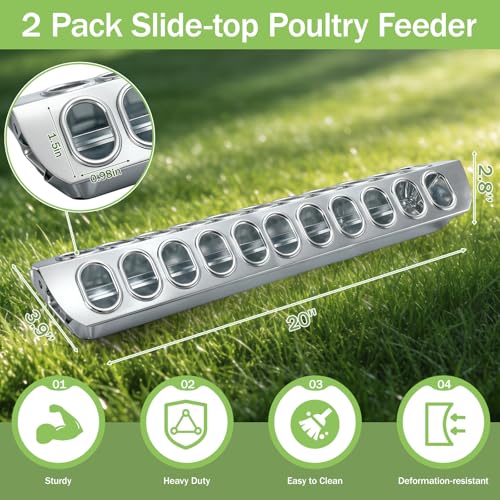 Potchen 2 Pcs Slide-top Poultry Feeder Durable Galvanized Metal Chicken Feeder Trough with Removable Top Trough Multi-Hole Tray for Pigeon Quails Duckling Birds Duck Chicken(20 Inch) - size: 20 Inch
