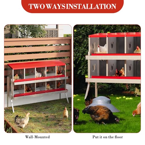 Chicken Nesting Boxes 10 Holes Galvanized Steel Rustproof Egg Laying Box with Egg Collection Systems, Hen Eggs Laying Box, Ventilated/Easy to Install, for Chicken House/Duck House/Hen - color: Red, size: 10 Holes with Legs