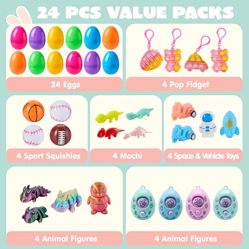 JJOYIN 24 Pcs Prefilled Easter Eggs with Assorted Toys, Filled with Easter Toys, Easter Basket Stuffers for Kids, Easter Egg Hunt , Classroom Prize Supplies - style: mix