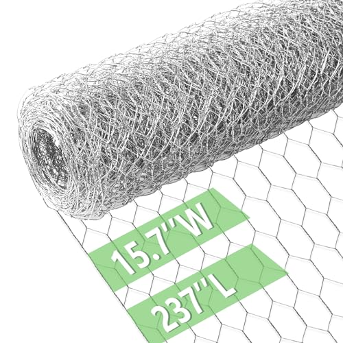 Chicken Wire 15.7 in x 237 in Poultry Wire Netting Hexagonal Galvanized Mesh Garden Fence Barrier for Pet Rabbit Chicken Fencing - color: Silver, size: 15.7"x237"+0Ties