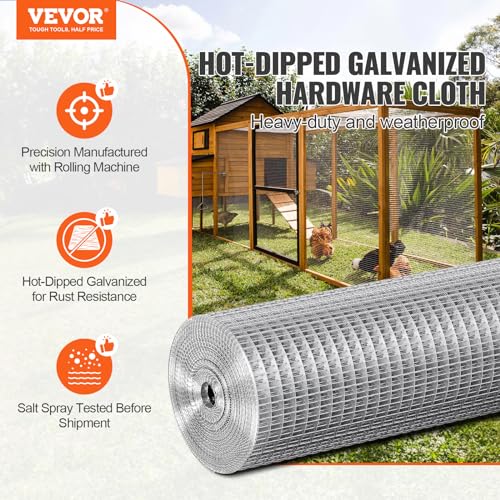 VEVOR Hardware Cloth, 1/2 inch 24in x 25 ft 19 Gauge, Hot Dipped Galvanized Wire Mesh Roll, Chicken Wire Fencing, Wire Mesh for Rabbit Cages, Garden, Small Rodents - size: 24'' x 25'