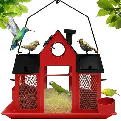 Solar Bird Feeders House for Outside Hanging, Metal Wild Bird Feeder for Outdoors Large Capacity Cardinal Birdfeeder Birdhouses Metal Bird Feeding Station Red - color: red