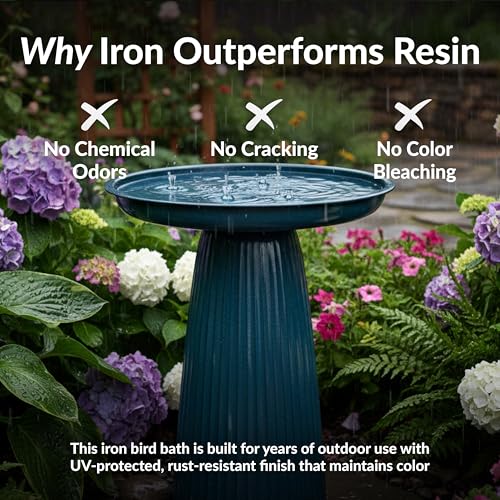 Sunnydaze Modern Bird Bath for Outside, Iron, 23” H, Blue Glaze | UV & Rust-Resistant Matte Finish, Durable Iron,1 Gal Water Cap, Outdoor Birdbath for Garden, Pedestal Bird Bath with Bowl - color: Blue Glaze