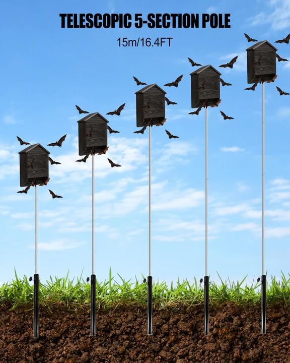 15FT Telescoping Stainless Steel Bat House Pole Kit with Ground Socket | Adjustable 5-Section Stainless Steel Pole with Ground Socket for Purple Martin Houses, Birdhouses and Outdoor Wildlife Mounti
