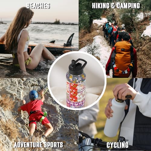 Boho Pioneer Water Bottle with Straws Insulated Sports Bottle Boho Flower Travel Thermal Double Walled Vacuum Cup Leak Proof Stainless Steel Tumbler Mom Gifts-32 oz - color: Red