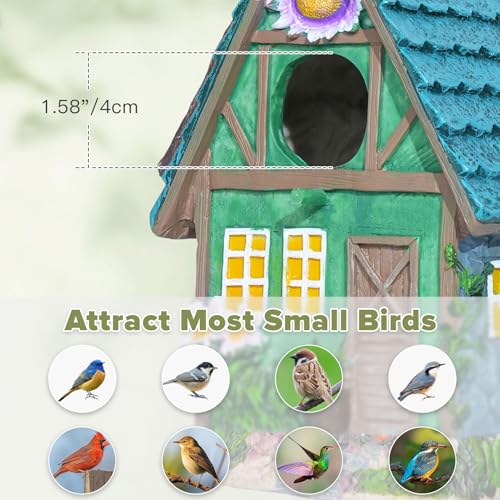 DEWEL Waterproof Bird Houses for Outside, Decorative Resin Birdhouses for Outdoors Garden Yard Decor, Hanging Bird House with Flower for Bluebird Finch Swallow Chickadee, Nesting Box for Bird Lovers - color: Green