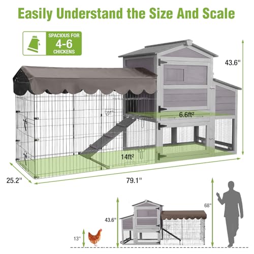 GUTINNEEN Large Wooden Chicken Coop with Run for 4–6 Chickens, Outdoor Chicken House with Wheels, Nesting Box & Removable Tray, Waterproof Asphalt Roof, Steel Frame Poultry Cage - size: 79.1"L x 25.2"W x 43.6"H