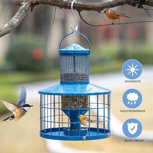 Caged Bird Feeders Squirrel-Proof, Metal, 2.8 Lbs Capacity-Cage Tube Seed Feeders with Tray Outdoor Hanging, Attract Birds,Detachable Cleaning, Starling Proof Wild Bird Feeder（Blue） - color: Blue